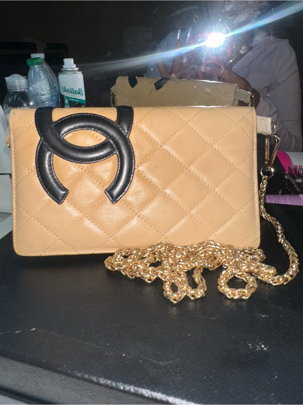 Quilted Tan Shoulder Bag with Black Accent and Gold Chain